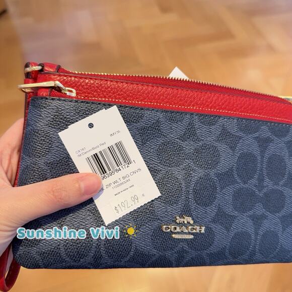 NWT Coach CX161 Double Zip Wallet Signature Canvas Wristlet Denim Bold Red - Picture 3 of 4